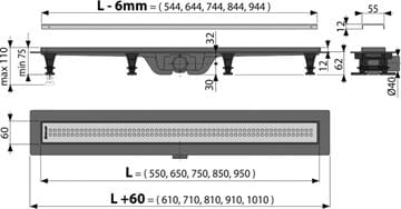ALCA APZ9 SIMPLE sprchový žľab 850 mm, do priestoru aj k stene, bočný odtok DN 40, rošt SIMPLE 9, PP/nerez oceľ APZ9-850M Technický nákres