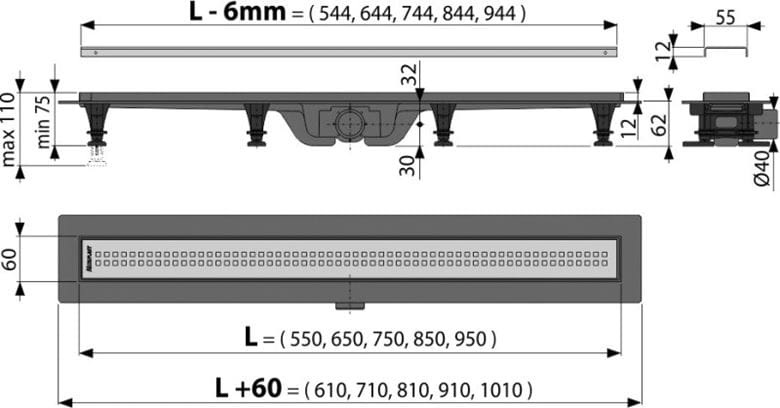 ALCA APZ9 SIMPLE sprchový žľab 950 mm, do priestoru aj k stene, bočný odtok DN 40, rošt SIMPLE 9, PP/nerez oceľ APZ9-950M Technický nákres