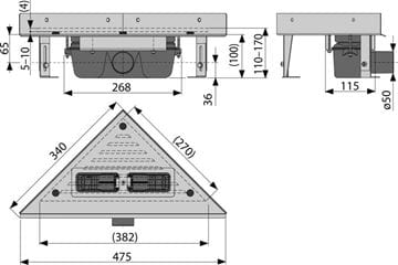 ALCA ARZ1 sprchový žľab 382x270 mm, do rohu, bočný odtok DN 50, bez roštu, PP/nerez oceľ ARZ1 Technický nákres