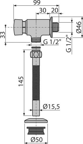 ALCA splachovač G1/2" pisoárový, tlakový, kov ATS001 Technický nákres