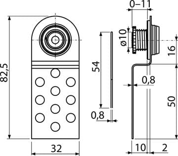 ALCA AVD004 vaňové dvierka 77x34mm, magnetická, pod obklady, výškovo nastaviteľná, kov AVD004 Technický nákres