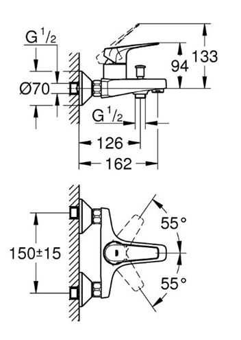 GROHE BAUFLOW vaňová nástenná batéria, s prepínačom, chróm 23601000 Technický nákres