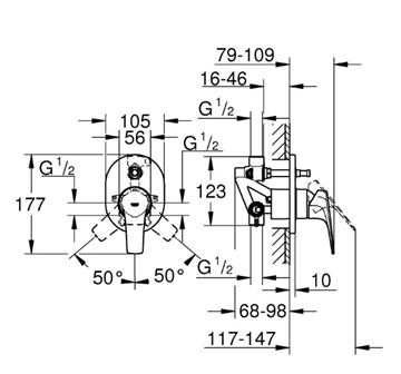 GROHE BAUFLOW vaňová podomietková batéria, s prepínačom, s telesom, chróm 29045000 Technický nákres