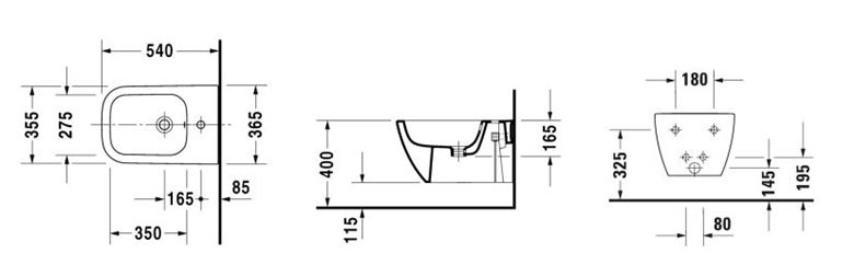DURAVIT HAPPY D.2 závesný bidet, WonderGliss 22581500001 Technický nákres