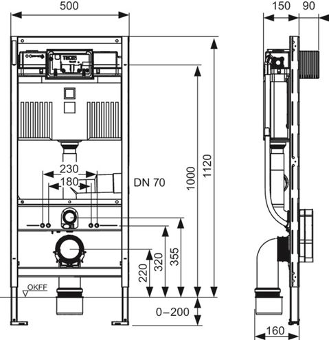TECE PROFIL montážny prvok pre WC 112 cm, so splachovacou nádržkou Uni 9300303 Technický nákres