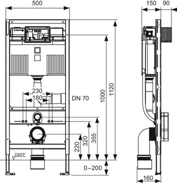 TECE PROFIL montážny prvok pre WC 112 cm, so splachovacou nádržkou Uni 9300303 Technický nákres