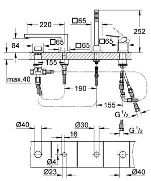 GROHE EUROCUBE batéria na okraj vane, 4-otvorová, s prepínačom, so sprchovou súpravou, chróm 19897001 Technický nákres