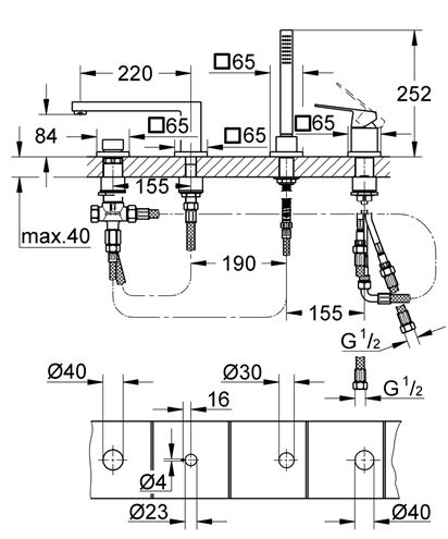 GROHE EUROCUBE batéria na okraj vane, 4-otvorová, s prepínačom, so sprchovou súpravou, chróm 19897001 Technický nákres