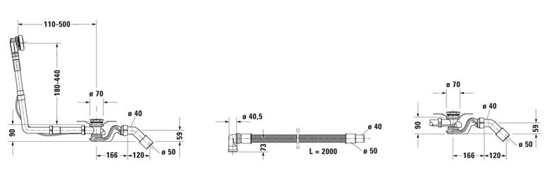 DURAVIT QUADROVAL vaňový sifón 85 cm, bovden, chróm 792208000001000 Technický nákres