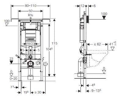 GEBERIT DUOFIX SPECIAL predstenový modul 500x120x1150mm, pre závesné WC, pre bytové jadrá, s nádržkou Sigma (UP320) 111.355.00.5 Technický nákres