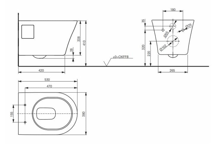 TOTO ES závesné WC, Rimless splachovanie CW797 Technický nákres