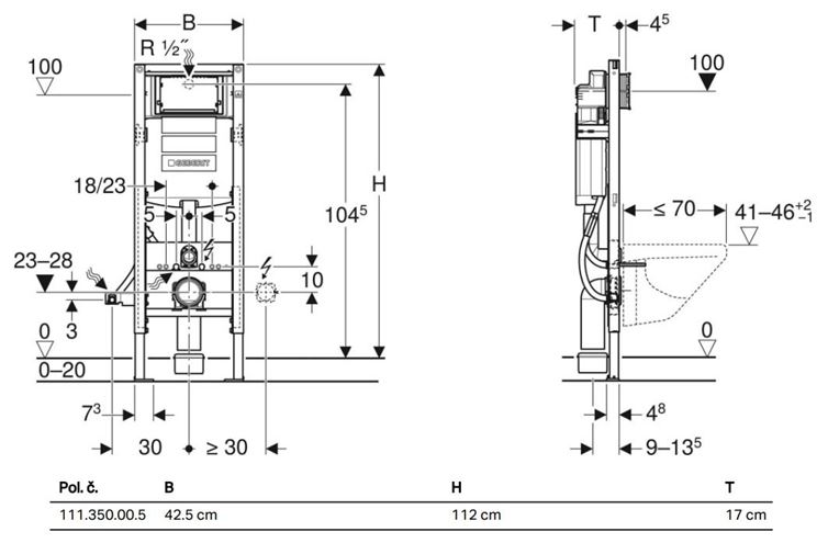GEBERIT DUOFIX montážny prvok pre WC 112 cm, so splachovacou nádržkou Sigma 12 cm 111.350.00.5 Technický nákres
