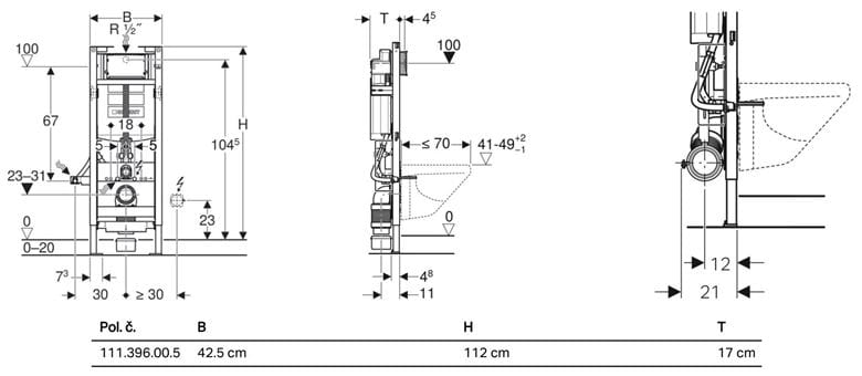 GEBERIT DUOFIX montážny prvok pre WC 112 cm, so splachovacou nádržkou Sigma 12 cm 111.396.00.5 Technický nákres