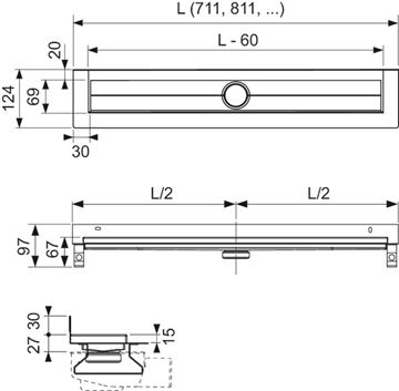 TECE DRAINLINE sprchový žľab 700 mm, k stene, bez odtoku, bez roštu, nerez oceľ 600701 Technický nákres