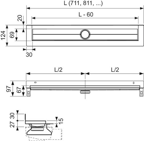 TECE DRAINLINE sprchový žľab 700 mm, k stene, bez odtoku, bez roštu, nerez oceľ 600701 Technický nákres