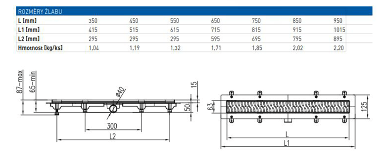 EASY sprchový žľab 650 mm, do priestoru, bočný odtok D 40, rošt HARMONY, plast/nerez oceľ, čierna EPZ20-PPB-650 Technický nákres