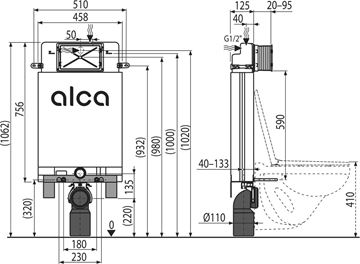 ALCA ALCAMODUL montážny prvok pre WC 106,2 cm, so splachovacou nádržkou AM100/1000 Technický nákres