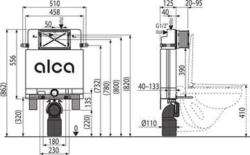 ALCA ALCAMODUL montážny prvok pre WC 86,2 cm, so splachovacou nádržkou AM100/850 Technický nákres