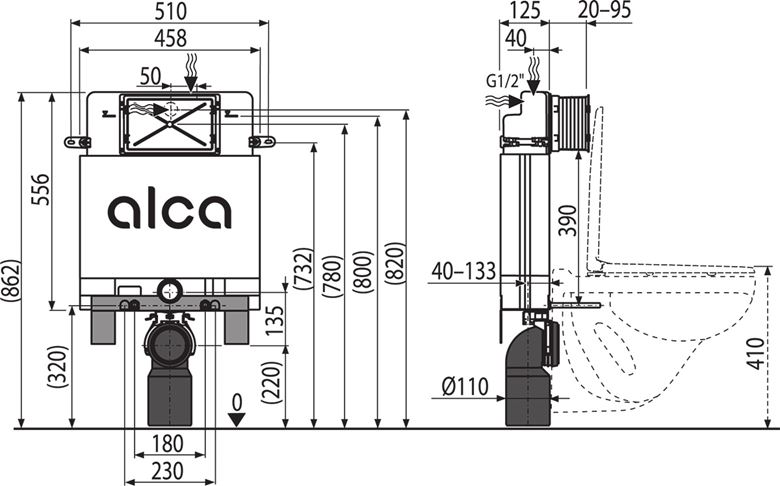 ALCA ALCAMODUL montážny prvok pre WC 86,2 cm, so splachovacou nádržkou AM100/850 Technický nákres