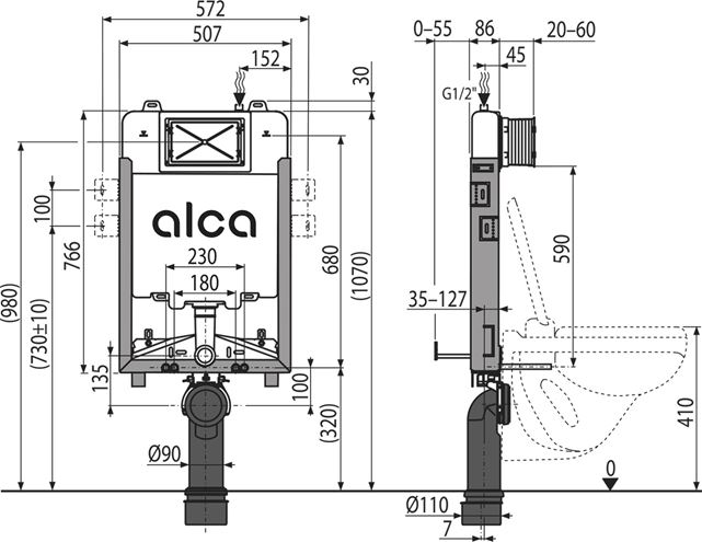 ALCA RENOVMODUL SLIM montážny prvok pre WC 107 cm, so splachovacou nádržkou AM1115/1000 Technický nákres