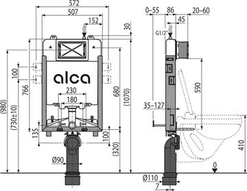 ALCA RENOVMODUL SLIM montážny prvok pre WC 107 cm, so splachovacou nádržkou AM1115/1000 Technický nákres