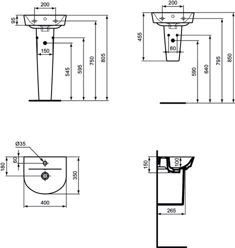 IDEAL STANDARD CONNECT AIR ARC umývadielko 40 cm, s otvorom pre batériu a prepadom E070101 Technický nákres