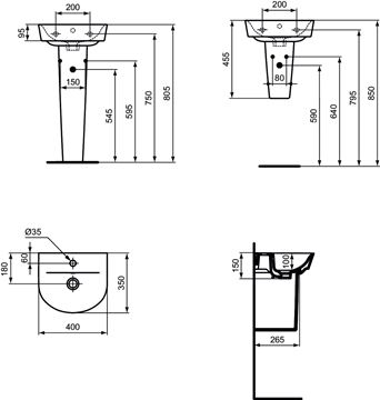 IDEAL STANDARD CONNECT AIR ARC umývadielko 40 cm, s otvorom pre batériu a prepadom E070101 Technický nákres
