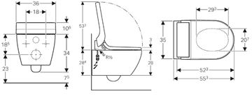 GEBERIT AQUACLEAN TUMA COMFORT závesné WC s bidetovým sedadlom, SoftOpening, Rimless, KeraTect, biela/biele sklo 146.292.SI.1 Technický nákres