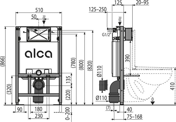ALCA SADROMODUL montážny prvok pre WC 86,6 cm, so splachovacou nádržkou AM101/850 Technický nákres