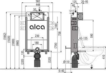 ALCA RENOVMODUL ECOLOGY montážny prvok pre WC 106 cm, so splachovacou nádržkou AM115/1000E Technický nákres