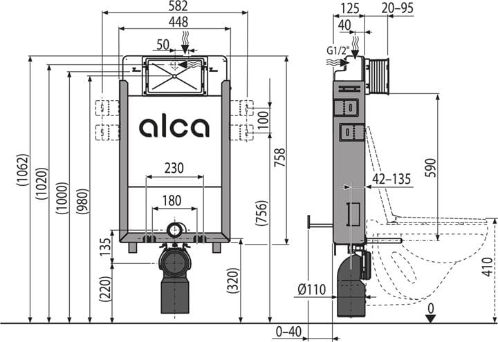 ALCA RENOVMODUL ECOLOGY montážny prvok pre WC 106 cm, so splachovacou nádržkou AM115/1000E Technický nákres