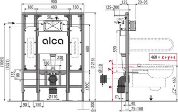 ALCA SADROMODUL montážny prvok pre WC 121,5 cm, so splachovacou nádržkou AM101/1300H Technický nákres