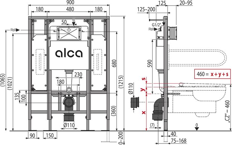 ALCA SADROMODUL montážny prvok pre WC 121,5 cm, so splachovacou nádržkou AM101/1300H Technický nákres