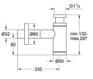 GROHE dizajnový sifón k umývadlu DN32, s prevlečnou maticou 5/4, brúsený hard graphite 28912AL0 Technický nákres
