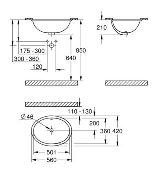 GROHE BAU CERAMIC umývadlo 56 cm, s prepadom 39423000 Technický nákres