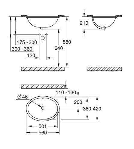 GROHE BAU CERAMIC umývadlo 56 cm, s prepadom 39423000 Technický nákres
