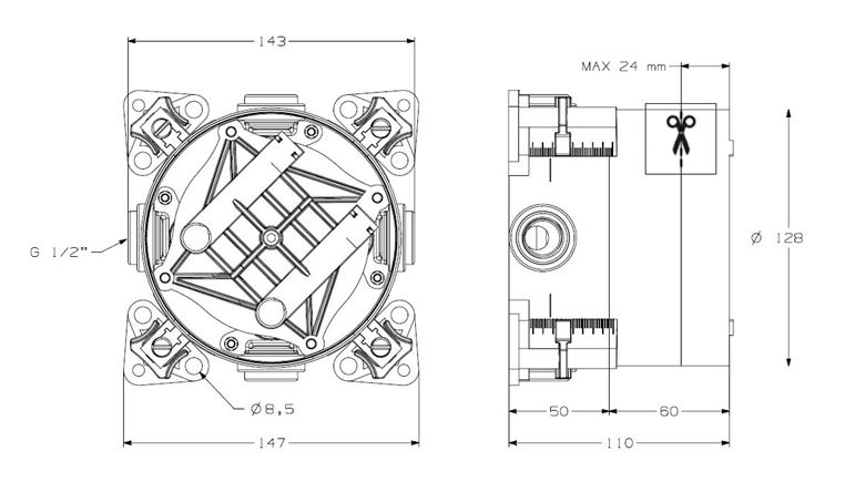 NDW SWISS BOX podomietkové teleso G 1/2 PM10156 Technický nákres