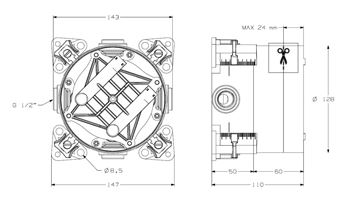 NDW SWISS BOX podomietkové teleso G 1/2 PM10156 Technický nákres