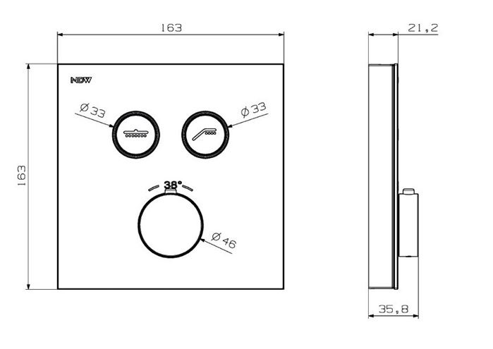 NDW SWISS BOX podomietková termostatická batéria, pre 2 spotrebiče, čierna PM10158/B Technický nákres