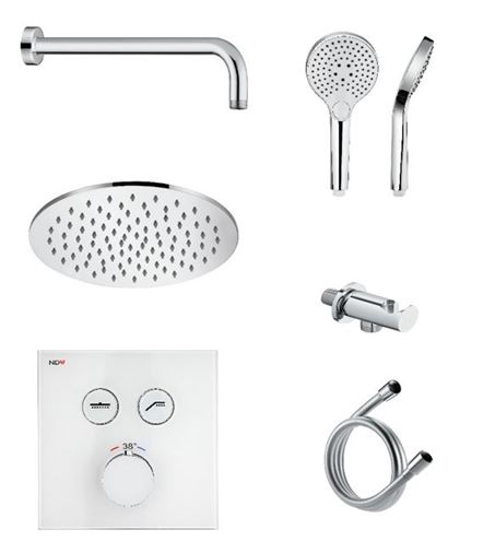 NDW KIT SWISSBOX sprchový set s termostatickou podomietkovou batériou, horná sprcha, ručná sprcha s 3 prúdmi, hadica, držiak, chróm PM09068/CH Obrázek - fotka