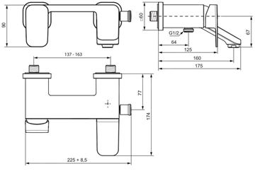 IDEAL STANDARD TONIC II vaňová nástenná batéria, s prepínačom, chróm A6338AA Technický nákres