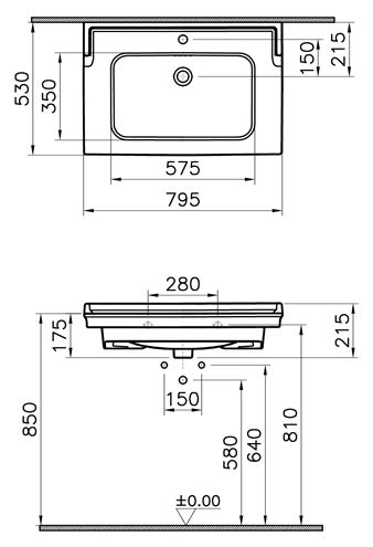 VITRA VALARTE VANITY umývadlo 80 cm, s otvorom pre batériu a prepadom, VitrAhygiene 7802B003-0001 Technický nákres