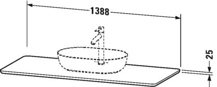 DURAVIT LUV doska pod umývadlo s výrezom 138,8x59,9x2,5 cm, orech LU946107777 Technický nákres