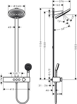 HANSGROHE PULSIFY S SHOWERPIPE 260 sprchový set s temostatickou batériou, horná sprcha, ručná sprcha s 3 prúdmi, tyč, hadica, matná čierna 24240670 Technický nákres
