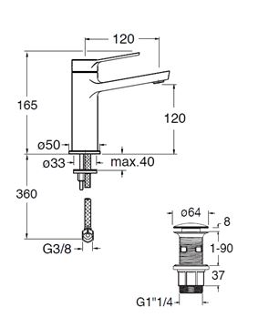 CRISTINA ELEVATION umývadlová stojanková batéria, s odtokovou súpravou, chrome CRIEL22051 Technický nákres
