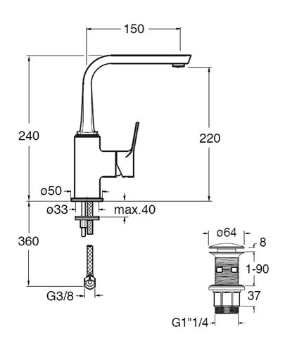 CRISTINA ELEVATION umývadlová stojanková batéria, s odtokovou súpravou, chrome CRIEL22851 Technický nákres