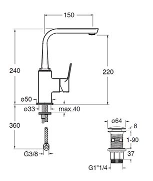 CRISTINA ELEVATION umývadlová stojanková batéria, s odtokovou súpravou, chrome CRIEL22851 Technický nákres