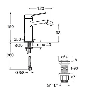 CRISTINA ELEVATION bidetová stojanková batéria, s odtokovou súpravou, chrome CRIEL32051 Technický nákres