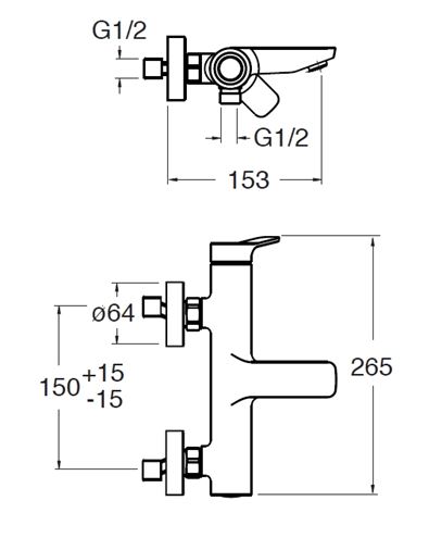 CRISTINA ELEVATION vaňová nástenná batéria, s prepínačom, chrome CRIEL10751 Technický nákres