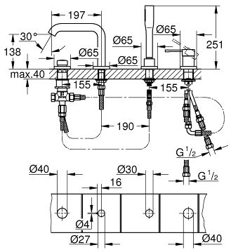 GROHE ESSENCE NEW batéria na okraj vane, 4-otvorová, s prepínačom, so sprchovou súpravou, chróm 19578001 Technický nákres